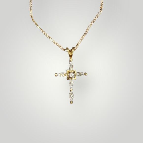 Solid 14K Italy Gold Cross Pendant with Diamonds & Necklace 22 inch - 3.2g - Picture 1 of 9
